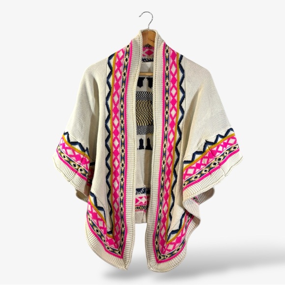 Evil Eye Poncho One Size Cream Pink Multicolor Boho Sweater Knit Wrap Shawl - Picture 2 of 13